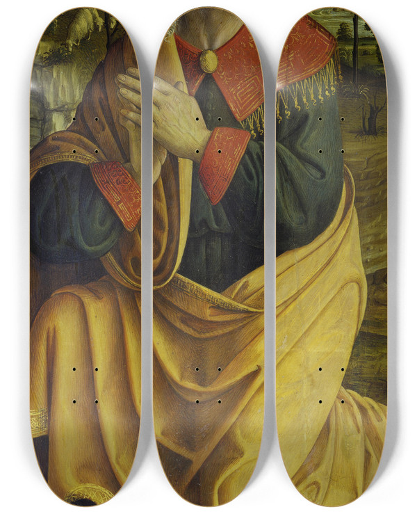 Triptych art skateboard deck of Macrino Dalba The Annuciation To St Joachim_1 by Macrino Dalba (1465-1528)
