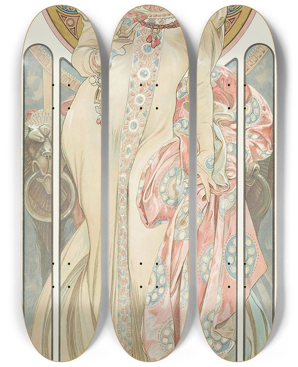 Triptych art skateboard deck of Alphonse Mucha Mot Chandon Dry Imperial by Alphonse Mucha (1860-1939)