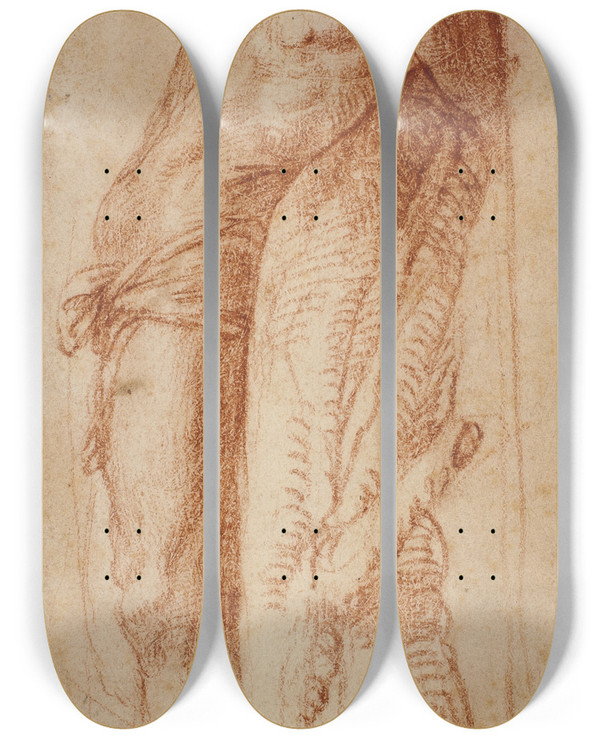 Triptych art skateboard deck of Polidoro Da Caravaggio Den Hellige Sebastian by Polidoro Da Caravaggio (1500-1536)