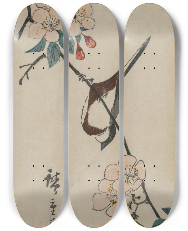 Triptych art skateboard deck of And Hiroshige Small Bird Swallow On Cherry Branch by Ando Hiroshige (1797-1858)