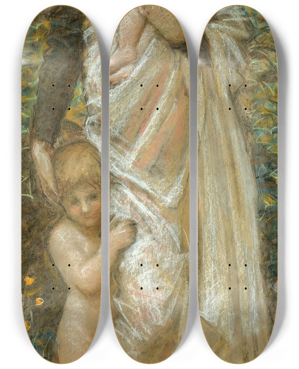 Triptych art skateboard deck of Albert Joseph Moore Caritas Charity by Albert Joseph Moore (1841-1893)