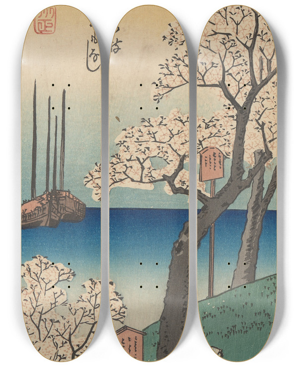 Triptych art skateboard deck of And Hiroshige Cherry Blossoms Picnickers by Ando Hiroshige (1797-1858)