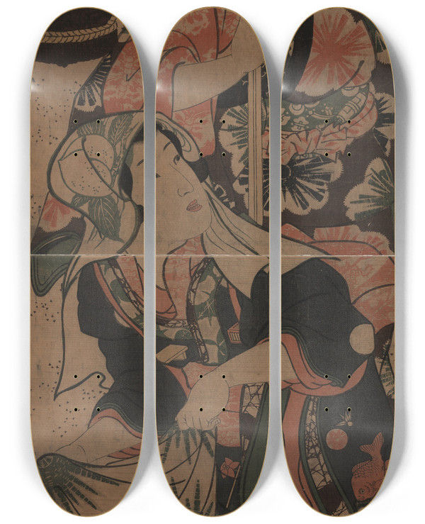 Triptych art skateboard deck of Utagawa Kuniyoshi Shibakari To Sentaku by Utagawa Kuniyoshi (1797-1861)