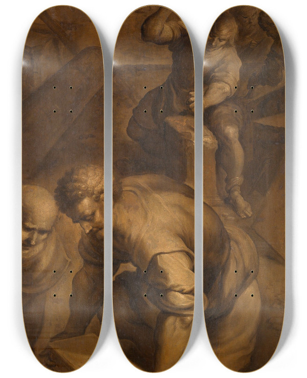 Triptych art skateboard deck of Frans Francken The Younger The Four Crowned Martyrs At Work_1 by Frans Francken the Younger (1581-1642)