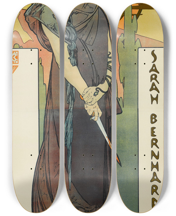 Triptych art skateboard deck of Alphonse Mucha Medee by Alphonse Mucha (1860-1939)
