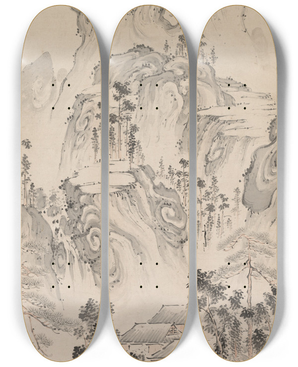 Triptych art skateboard deck of Kan Tenju Landscape by Kan Tenju (1747-1795)