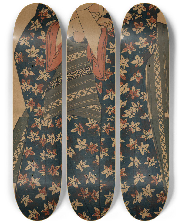 Triptych art skateboard deck of Keisai Eisen Neko O Idaku Musume by Keisai Eisen (1790-1848)