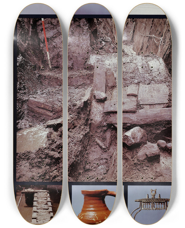 Triptych art skateboard deck of Jolijn Van De Wouw Algemeen Affiche Voor Archeologie In Het Amsterdams Historisch Museum by Jolijn van de Wouw (1942-2001)