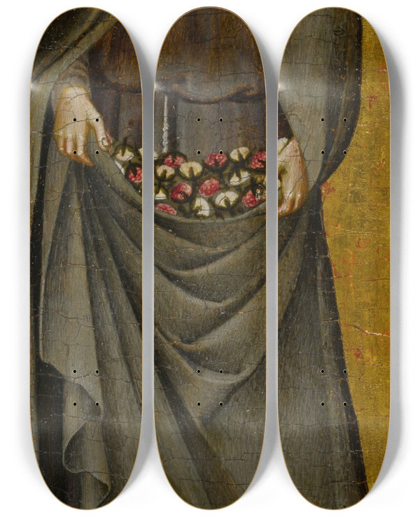 Triptych art skateboard deck of Giovanni Di Paolo St Elizabeth Of Hungary by Giovanni Paolo Spadino (1403-1482)