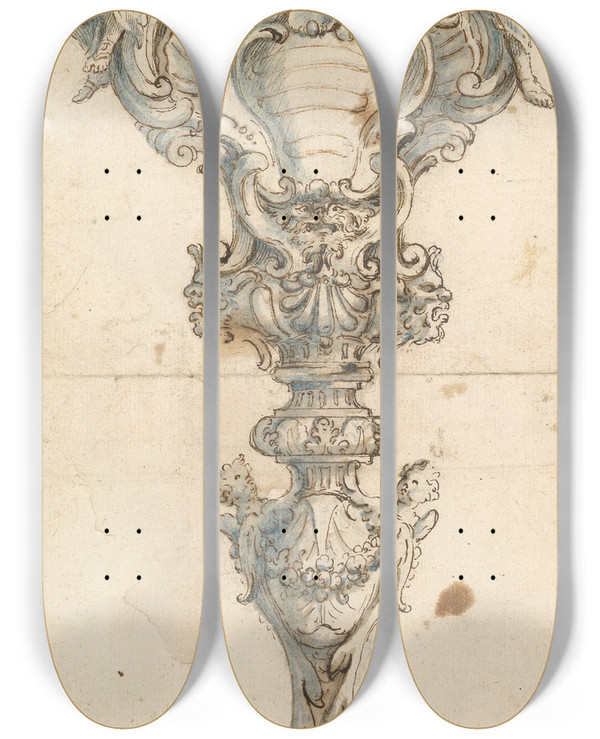 Triptych art skateboard deck of Giovanni Giardini Design For A Mace by Giovanni Giardini (1646-1721)