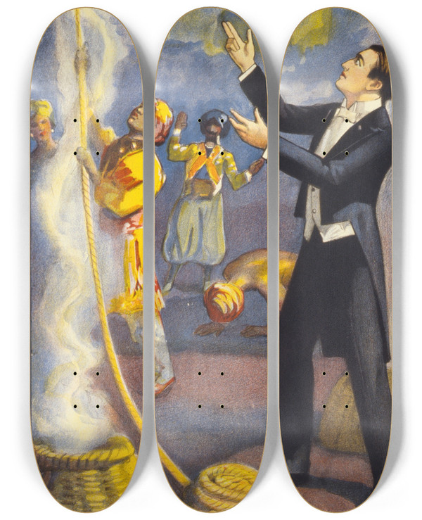 Triptych art skateboard deck of Otis Lithograph Co Thurston The Famous Magician East Indian Ropetrick by The Otis Lithograph Co (19-20-)