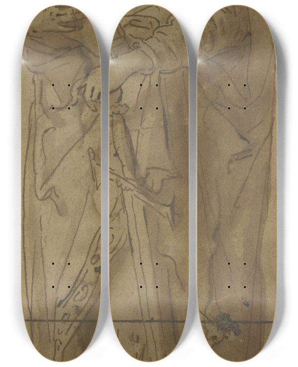 Triptych art skateboard deck of Maerten De Vos Die Heilige Barbara Oder Katharina Von Alexandria by Maerten De Vos (1532-1603)