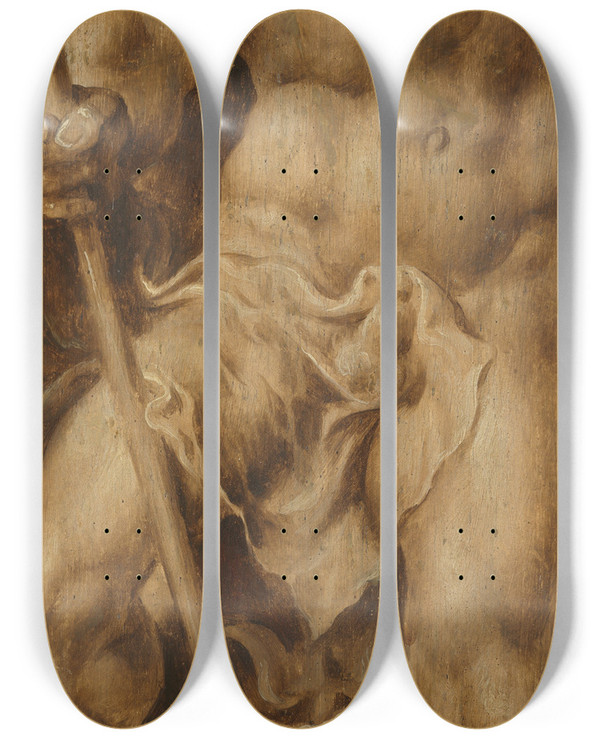 Triptych art skateboard deck of Maarten Van Heemskerck Neptune Stabbing A Sea Horse by Maarten Van Heemskerck (1498-1574)