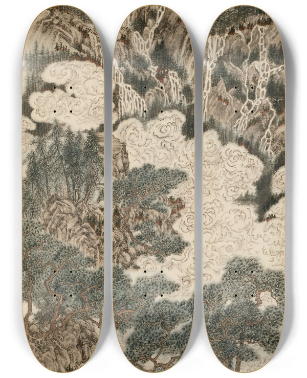 Triptych art skateboard deck of Ding Yunpeng Morning Sun Over The Heavenly Citadel Peak by Ding Yunpeng (1547-1628)