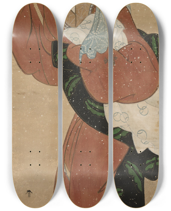 Triptych art skateboard deck of Koikawa Harumasa Lady With A Parasol by Koikawa Harumasa (1800-1820)