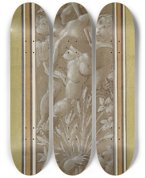 Triptych art skateboard deck of Giovanni Mauro Della Rovere Two Pilaster With White Putti On Tan Ground_1 by Giovanni Mauro della Rovere (1561-1640)