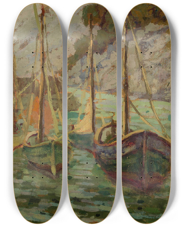 Triptych art skateboard deck of Jan Bohuszewicz Port In Camogli At Dusk by Jan Bohuszewicz (1878-1935)