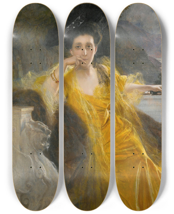 Triptych art skateboard deck of Franois Flameng Mme Marielouise Fould Ne Heine by Francois Flameng (1856-1923)