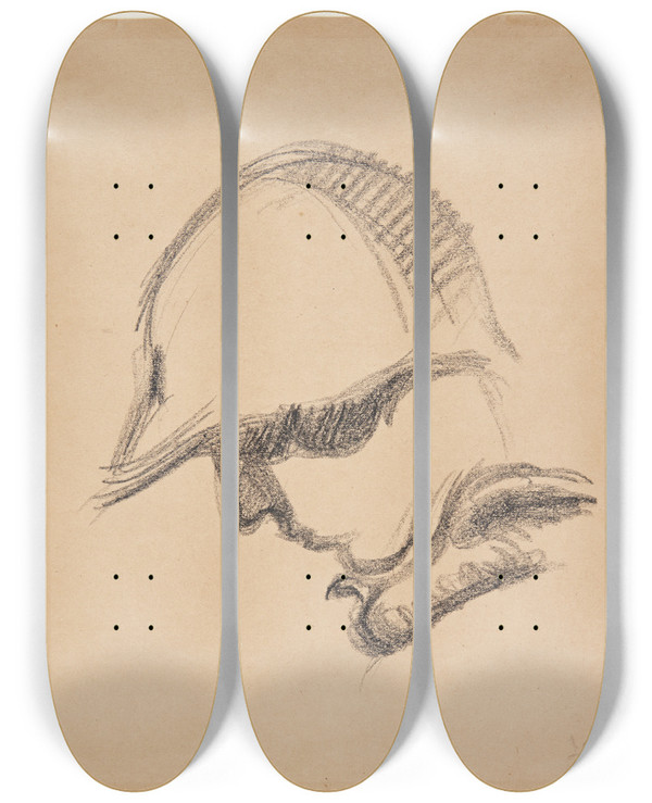 Triptych art skateboard deck of Harald Giersing Kvindehoved Med Kasket I Profil Mod Venstre by Harald Giersing (1881-1927)