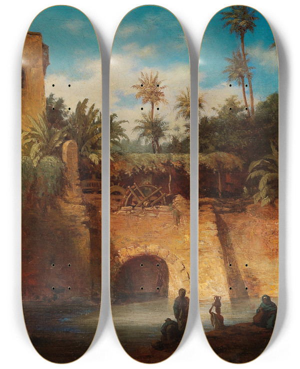 Triptych art skateboard deck of Alois Schnn Water Carriers By The Mill by Alois Schonn (1826-1897)