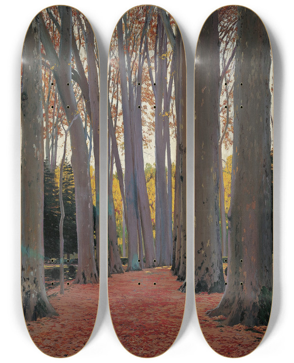 Triptych art skateboard deck of Santiago Rusiol Avenue Of Plane Trees by Santiago Rusinol (1861-1931)