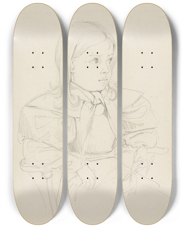 Triptych art skateboard deck of Adolph Tidemand Liten Pike I En Stol by Adolph Tidemand (1814-1876)