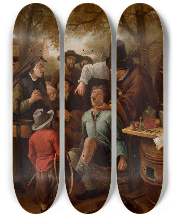 Triptych art skateboard deck of Jan Steen The Toothpuller by Jan Steen (1626-1679)