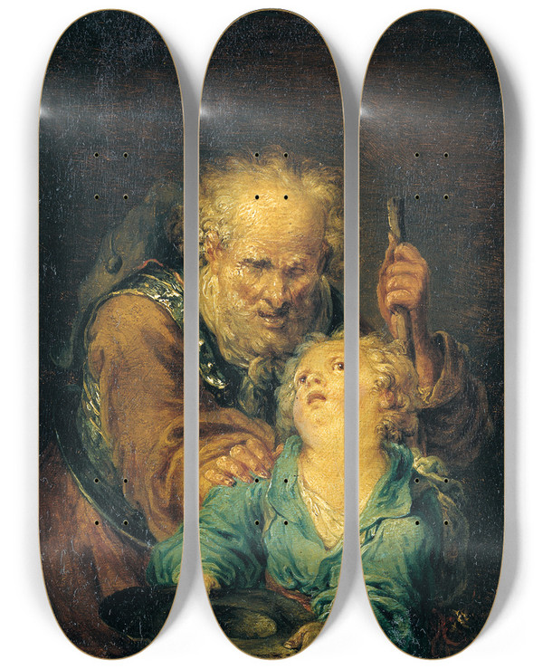 Triptych art skateboard deck of Januarius Zick The Blinded Belisarius As A Beggar by Januarius Zick (1730-1797)