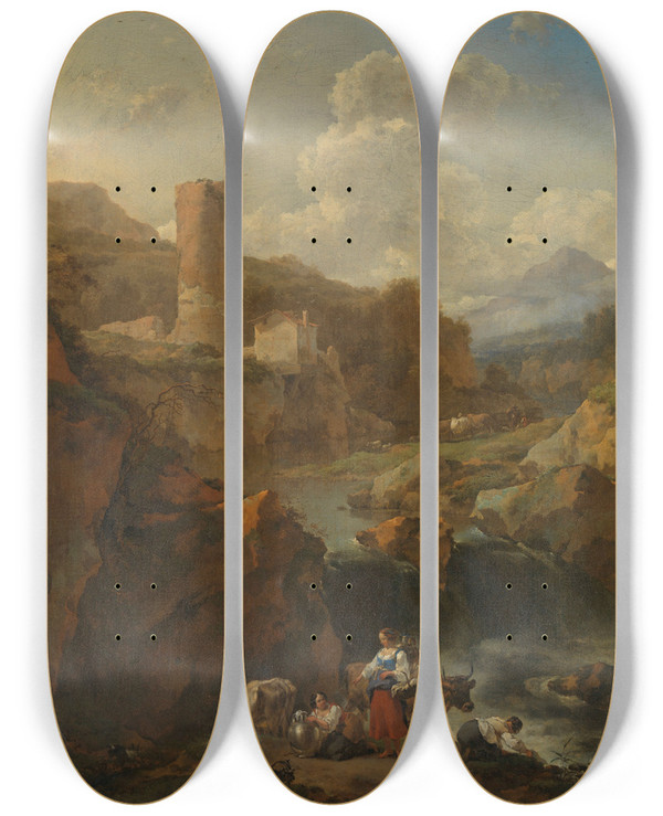 Triptych art skateboard deck of Nicolaes Pietersz Berchem Italian Landscape_4 by Nicolaes Pietersz Berchem (1620-1683)