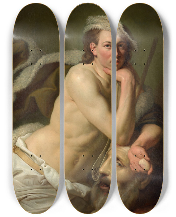 Triptych art skateboard deck of Johan Joseph Zoffany Selfportrait As David With The Head Of Goliath by Johan Joseph Zoffany (1733-1810)