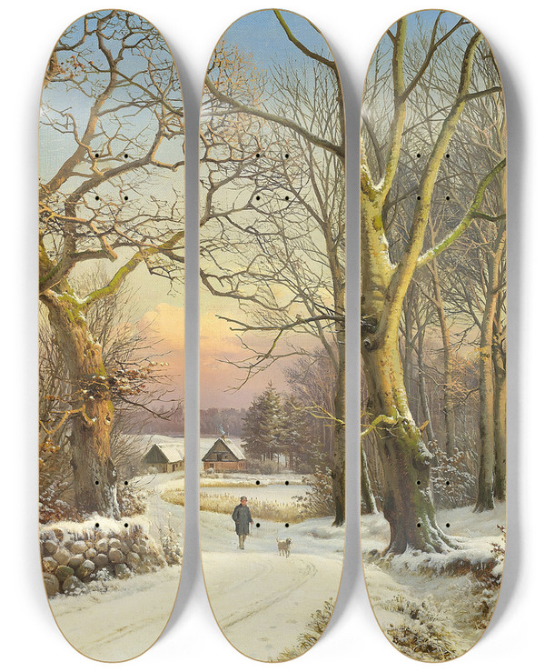 Triptych art skateboard deck of Anders Andersenlundby Vinterdag I Skoven Nordsjlland En Mand Lufter Hunden by Anders Andersen Lundby (1840-1923)