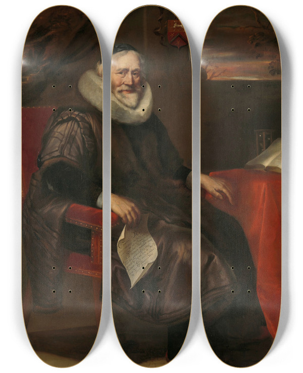 Triptych art skateboard deck of Jrgen Ovens Cornelis Nuyts 15741661 Amsterdam Merchant by Jurgen Ovens (1623-1678)