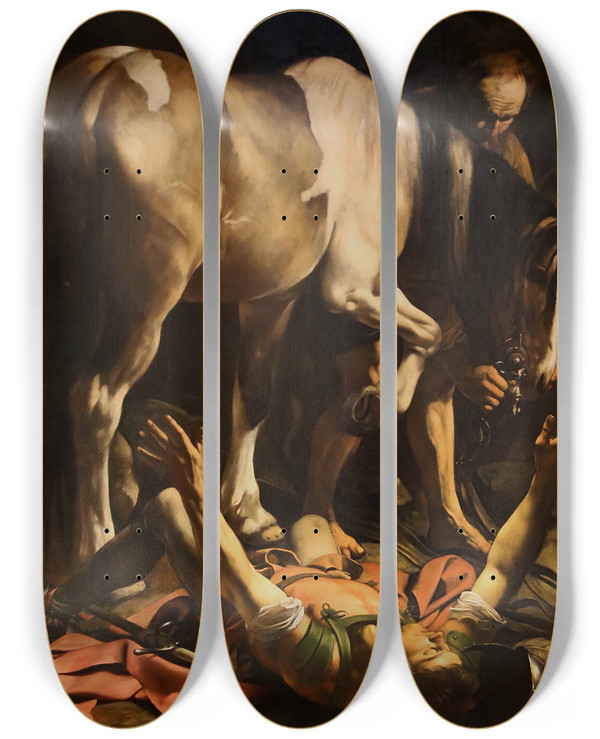 Triptych art skateboard deck of Caravaggio Conversion Of Saint Paul by Caravaggio (1571-1610)