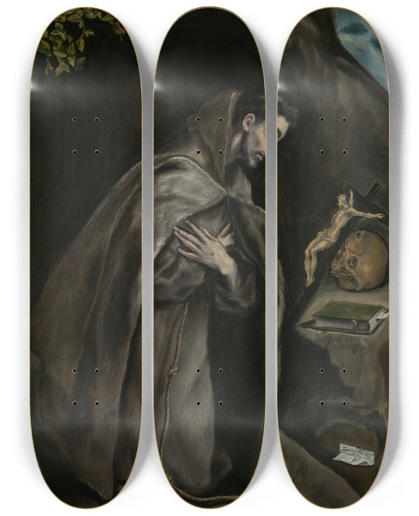 Triptych art skateboard deck of El Greco Domenikos Theotokopoulos Saint Francis Kneeling In Meditation by El Greco Domenikos Theotokopoulos (1540-1614)