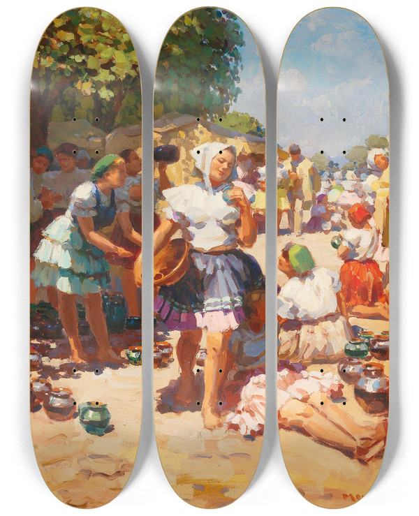 Triptych art skateboard deck of Tivadar Josef Mousson Pottery Market by Tivadar Josef Mousson (1887-1946)