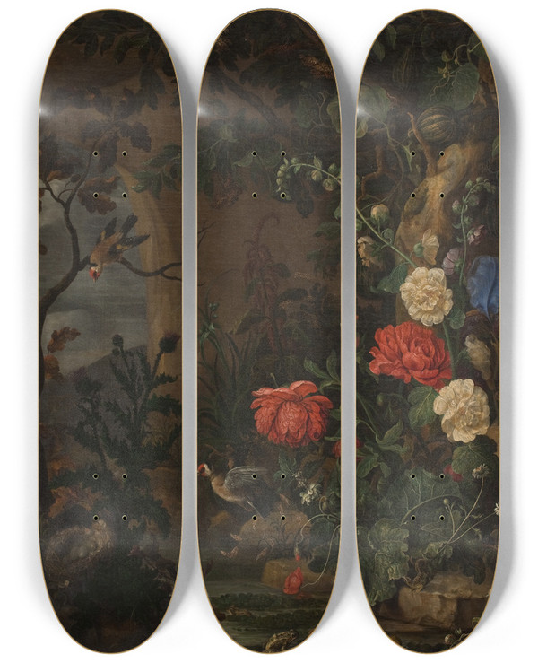 Triptych art skateboard deck of Hendrik Schoock Flowers by Hendrik Schoock (1630-1707)