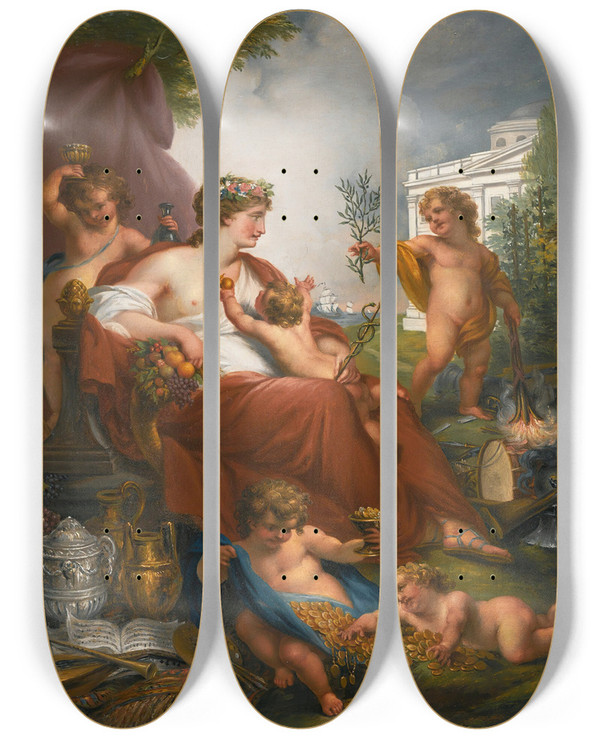 Triptych art skateboard deck of John Francis Rigaud Allegory Of Peace by John Francis Rigaud (1742-1810)