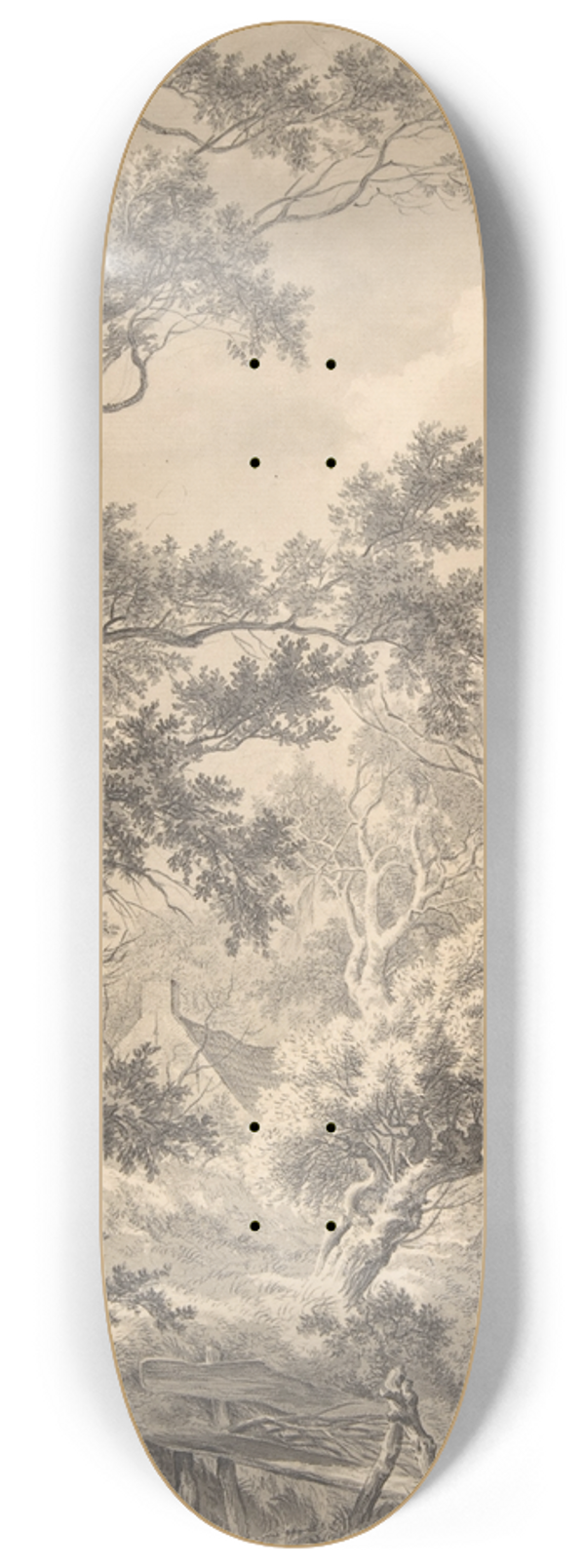Franciscus Andreas Milatz - Landscape with a House Hidden Between Trees and Two Men Near a Small Bridge 8.25 inch art skate deck