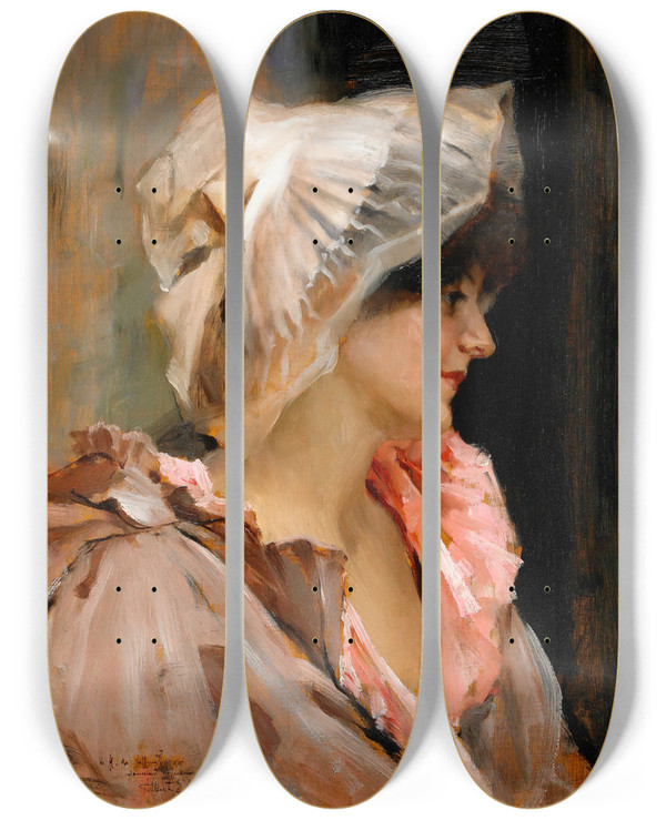 Triptych art skateboard deck of Albert Edelfelt Parisian Lady In A Peignoir by Albert Edelfelt (1854-1905)