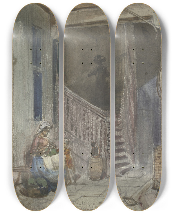 Triptych art skateboard deck of Philipp Rumpf Yard With Staircase by Philipp Rumpf (1821-1896)