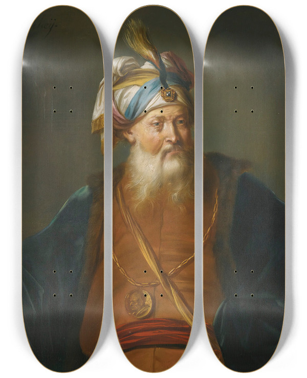 Triptych art skateboard deck of Balthasar Beschey A Turbaned Man In Oriental Dress by Balthasar Beschey (1708-1776)