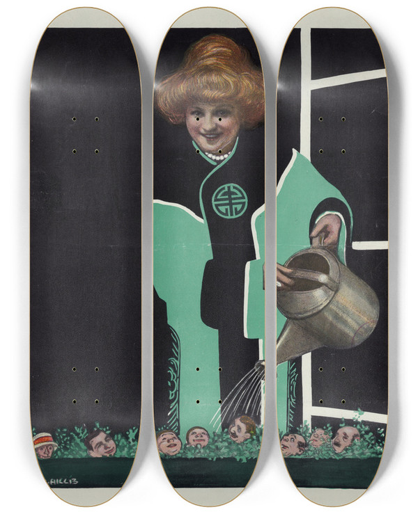 Triptych art skateboard deck of William Ely Hill Her Johnnyjumpups by William Ely Hill (1887-1962)