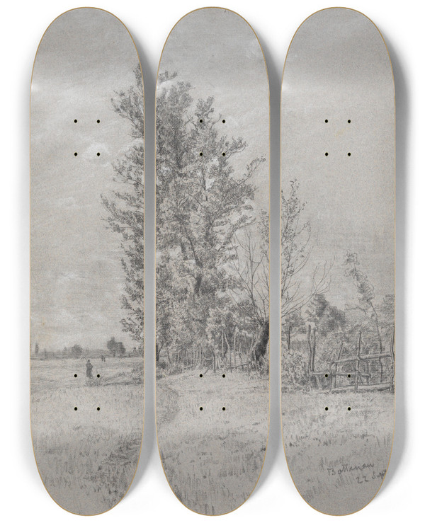 Triptych art skateboard deck of Gustav Kampmann Erlen Und Weiden Bei Bottenau by Gustav Kampmann (1859-1917)