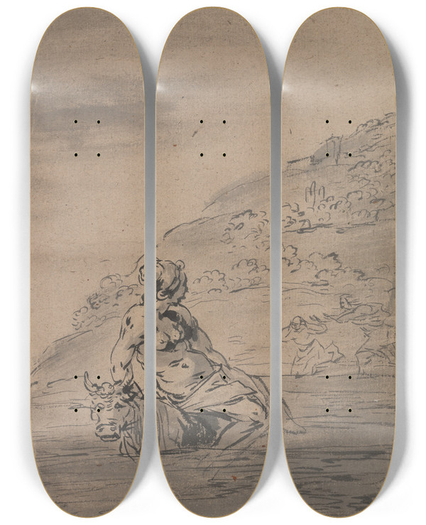 Triptych art skateboard deck of Leonaert Bramer The Rape Ofeuropa by Leonaert Bramer (1596-1674)