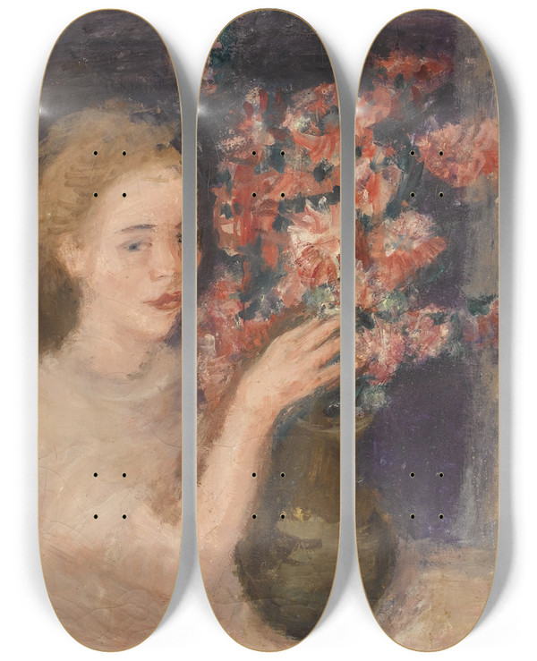 Triptych art skateboard deck of Joachim Weingart Girl At A Table With Flowers by Joachim Weingart (1895-1942)