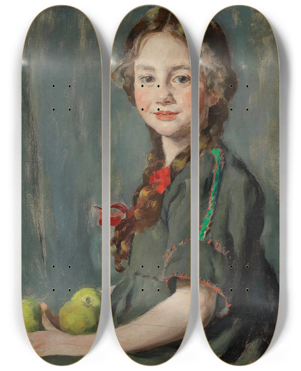 Triptych art skateboard deck of Paul Schroeter Portrait Of A Girl With Apples by Paul Schroeter (1866-1946)