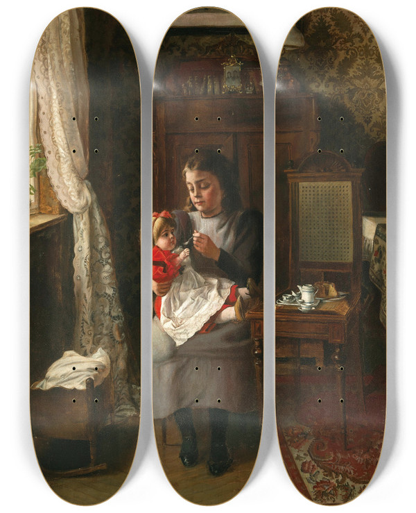 Triptych art skateboard deck of Anton Seitz The Doll Mother by Anton Seitz (1829-1900)