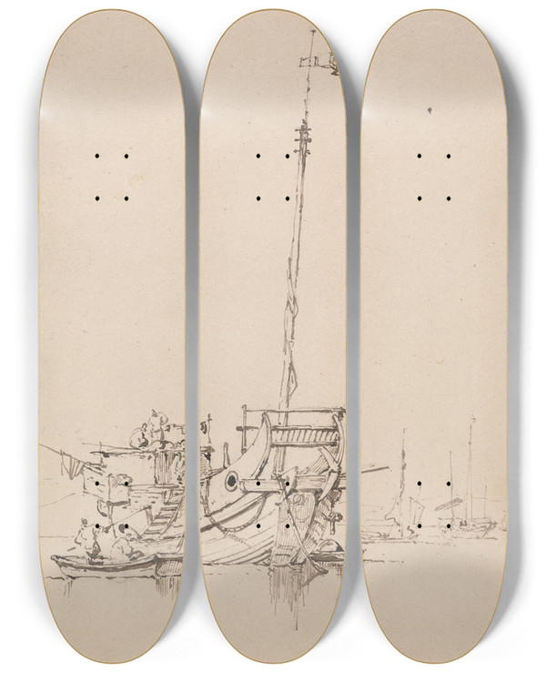 Triptych art skateboard deck of George Chinnery A Chinese Junk by George Chinnery (1774-1852)