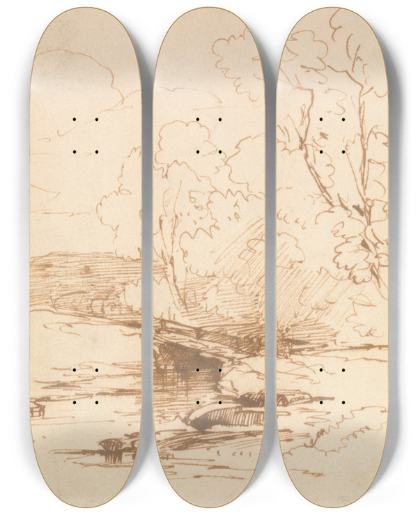 Triptych art skateboard deck of Thomas Creswick The Foot Bridge by Thomas Creswick (1811-1869)