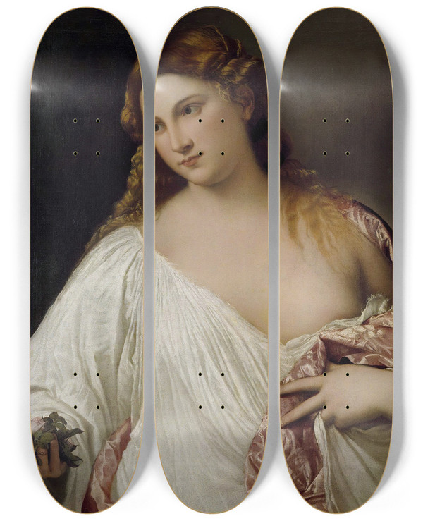 Triptych art skateboard deck of Titian Flora by Titian (1488-1576)